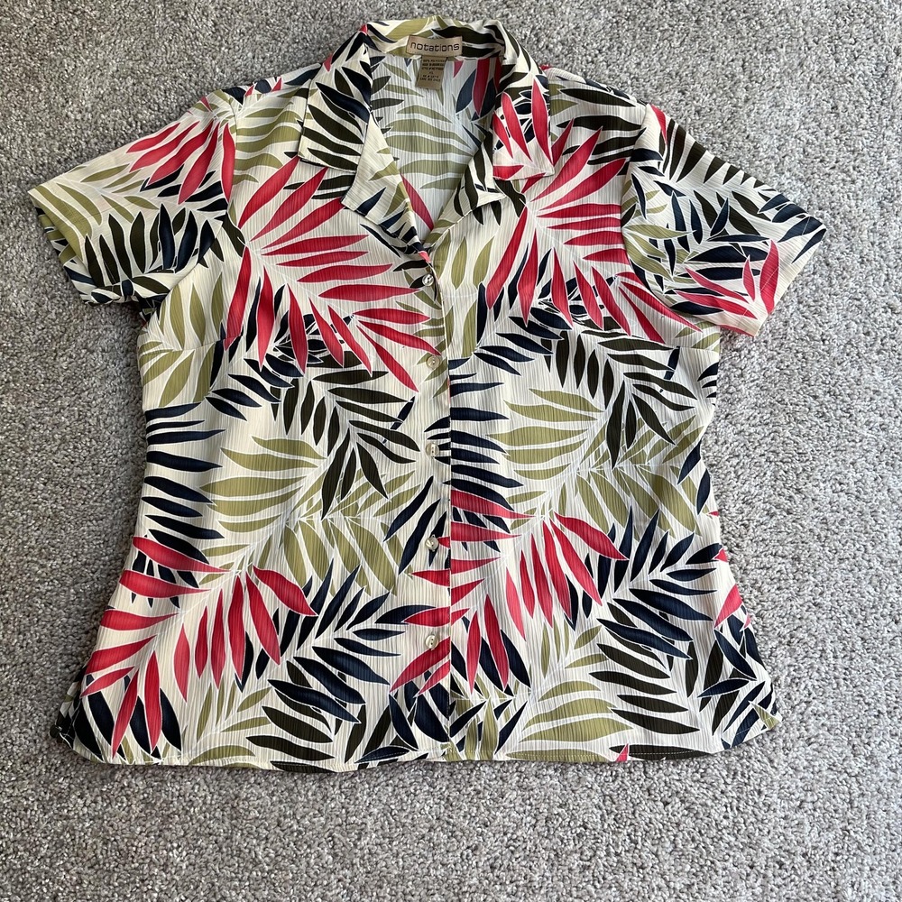 Notations Blouse Womens XL Multicolor Tropical Leaf Button Up Short Sleeve Top